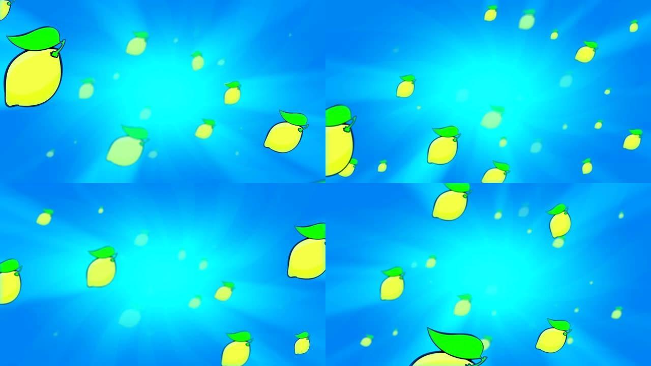 美味的柠檬从发光旋转背景慢慢移动。3D循环动画。