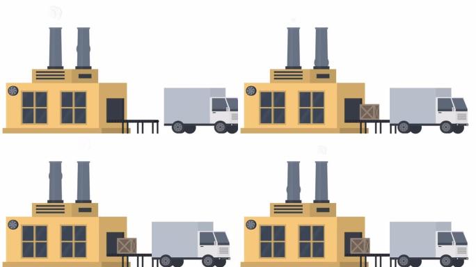 工业厂房，工厂。输送机上的运输动画。卡通