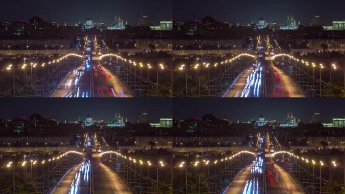 夜间照明莫斯科城市景观交通街屋顶全景4k延时俄罗斯