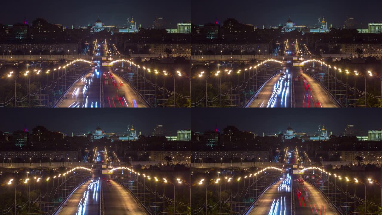 夜间照明莫斯科城市景观交通街屋顶全景4k延时俄罗斯
