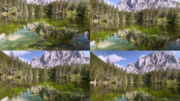 奥地利绿色湖秋天山林穿梭林海