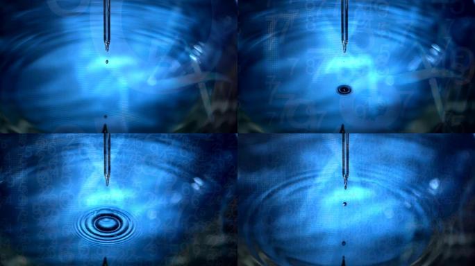 从针头滴入水中的液体特写动画在蓝色背景上产生涟漪