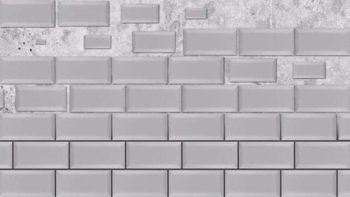 抽象的白砖出现并在灰色背景上形成墙壁。动画。飞行相同大小的矩形站在水平平行的行中，单色