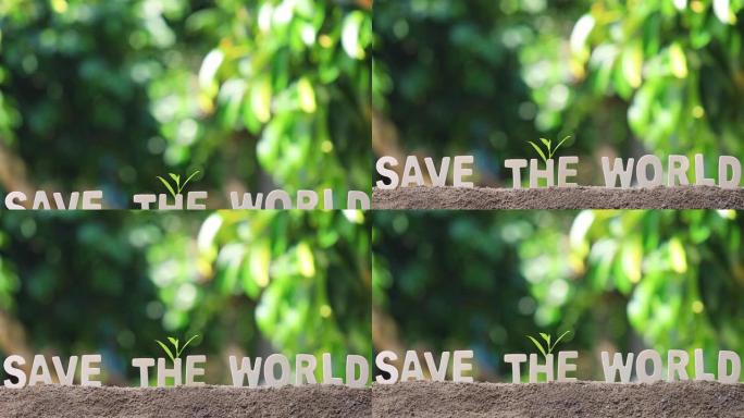 “拯救世界” 一词，带有木制字母。