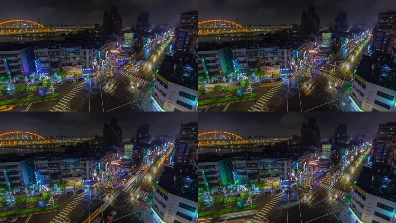 台北市夜间照明交通街广场屋顶全景4k延时台湾