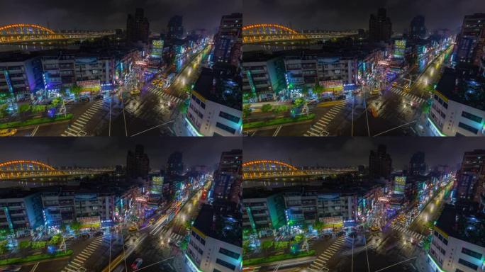 台北市夜间照明交通街广场屋顶全景4k延时台湾
