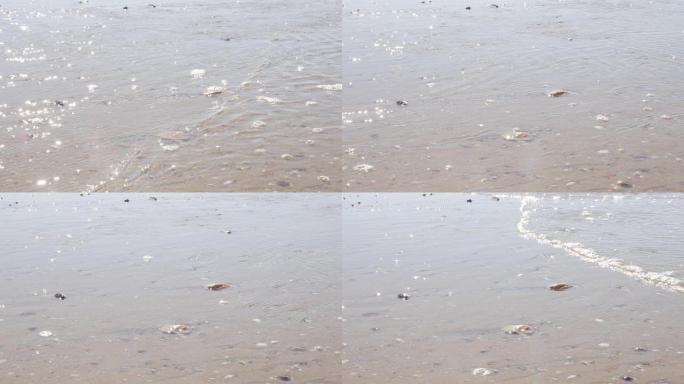 海洋海滩上闪闪发亮的潮浪，在海岸上传播视频-慢mo和泡沫水镜头