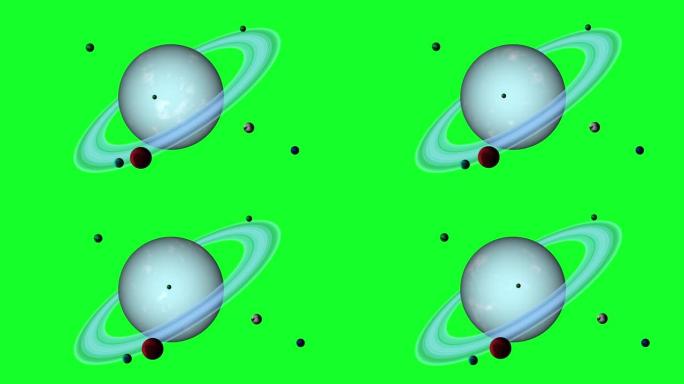 天王星行星和太空中的旭日。星星和太阳耀斑，蓝色，美丽的行星与环正在旋转。逼真的3D渲染。