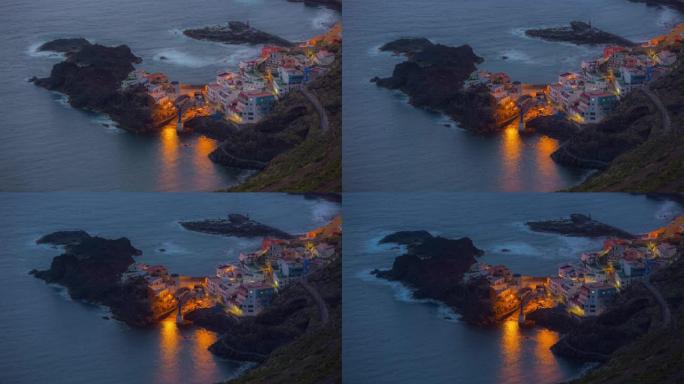 日落黄昏特内里费岛海岸镇俯视图全景延时4k西班牙