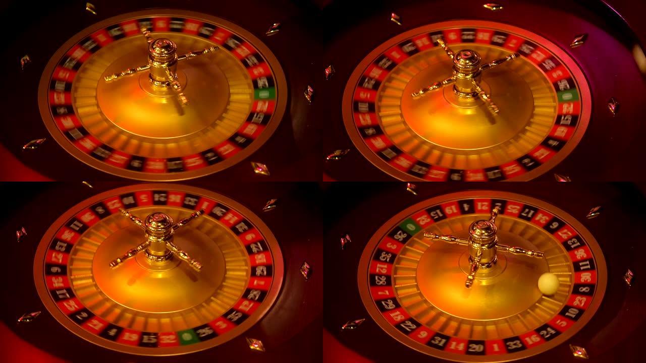 用纺车和球运动的赌场轮盘赌。中奖号码23和红色由轮盘决定。低光轮盘赌桌布局