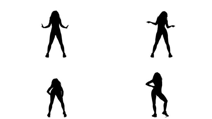 白色背景上的黑色剪影，年轻漂亮的女人跳舞舞厅，街舞，twerk，慢动作