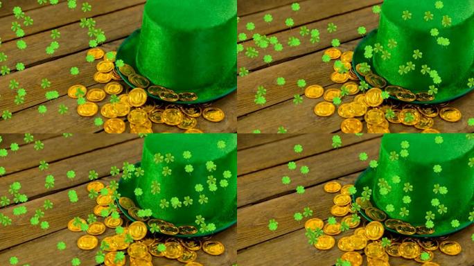三叶草在圣帕特里克节用绿帽和金币移动的动画