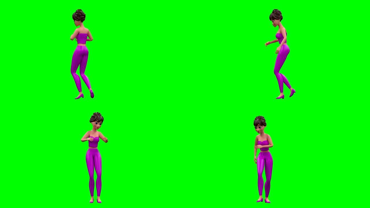 绿色屏幕上粉红色的3D循环跳舞女人