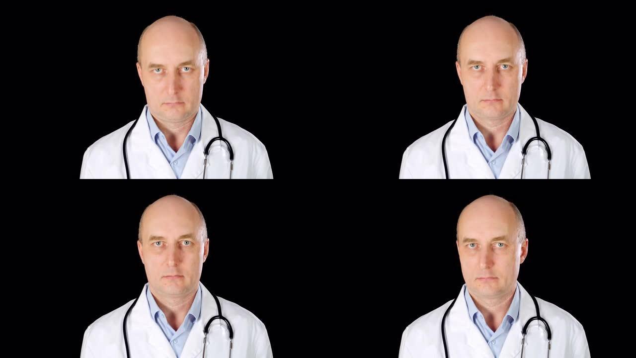 医生脸对着镜头点头。秃头男医生摇头说不。医学表达同意和不同意。阳性和阴性分析结果或诊断。