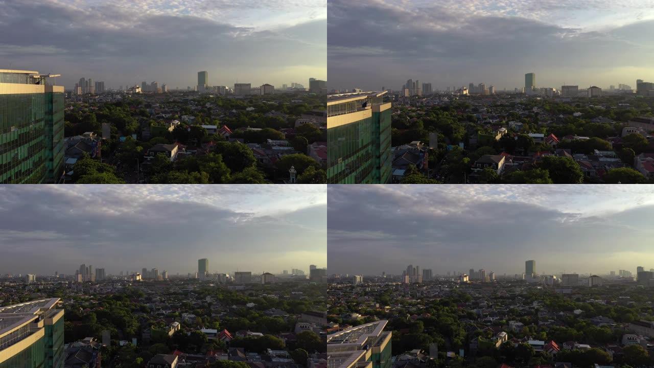日落太阳灯雅加达市中心豪华私人住宅区航空全景4k印度尼西亚