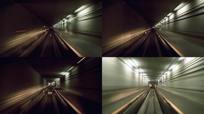 自动火车在隧道中快速移动现代城市时间流逝