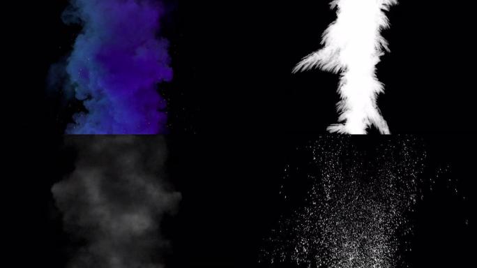 一系列的镜头从上到下成一条线，并产生火花和烟熏痕迹。蓝紫色。