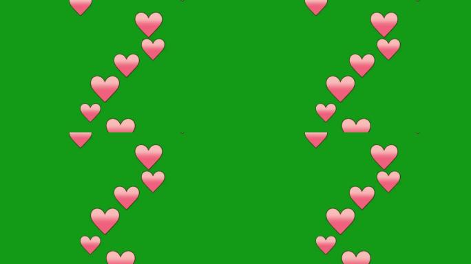 绿色屏幕背景的飞行粉色心形运动图形