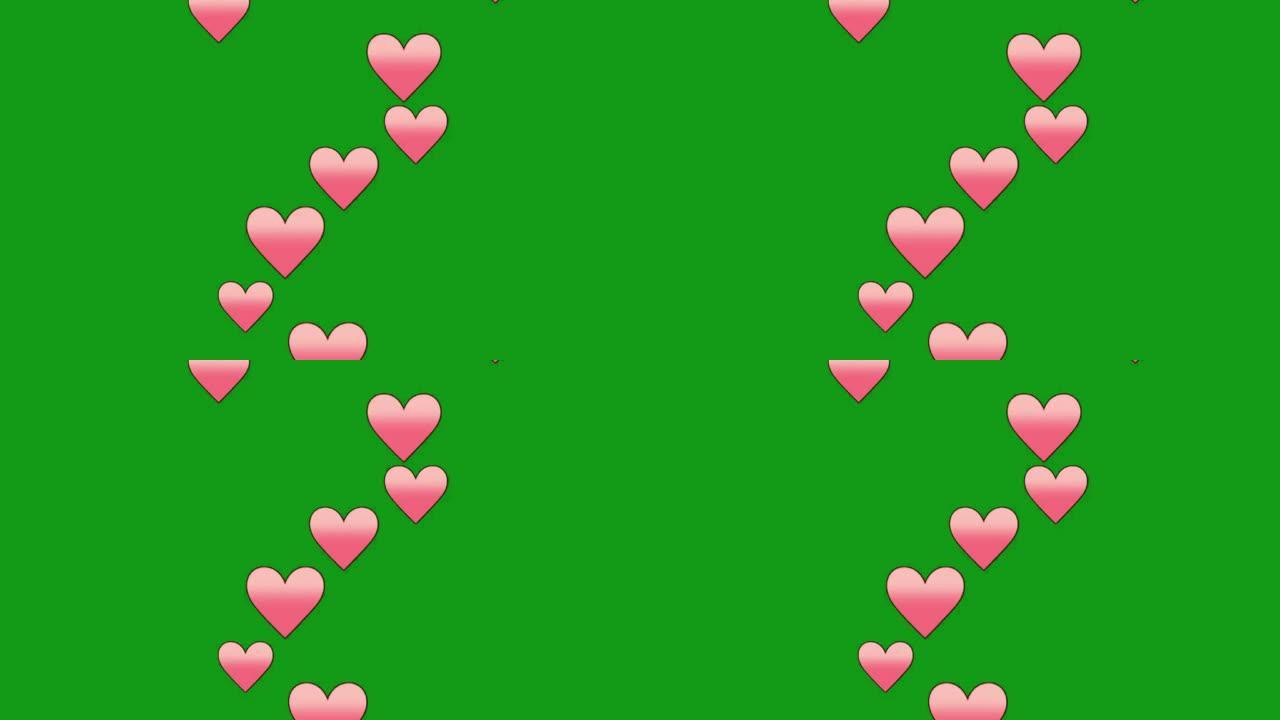绿色屏幕背景的飞行粉色心形运动图形