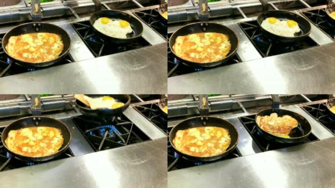 烹饪煎蛋卷和煎蛋。酒店餐厅的自助早餐。模糊的视野。4K