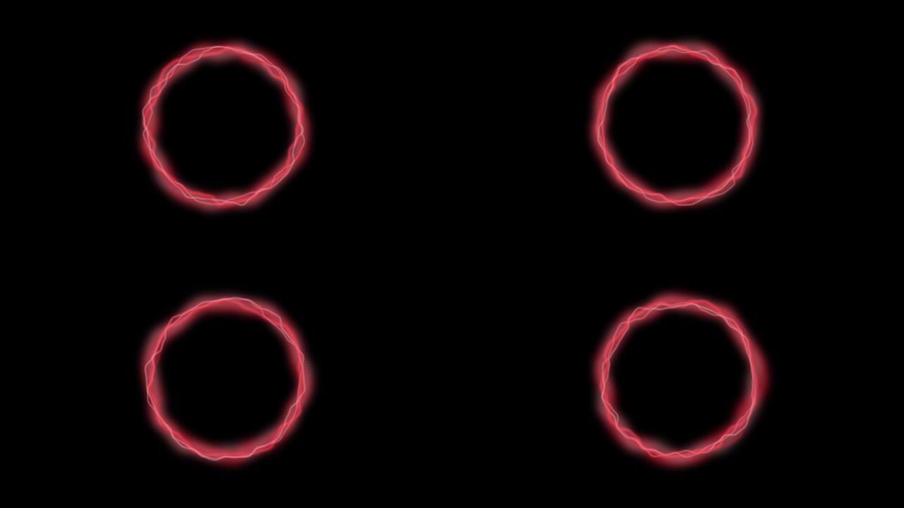 红色发光圆圈在黑色背景上改变其形式。空间和能量风格动画视频