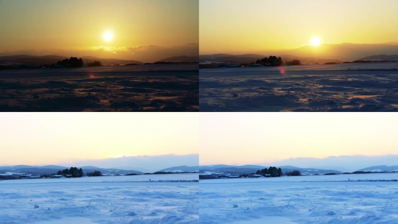 日本北海道雪上日落的时光倒流