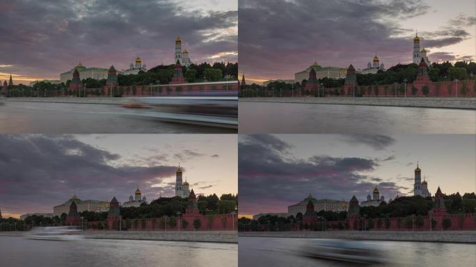 日落天空莫斯科克里姆林宫河湾全景4k延时俄罗斯