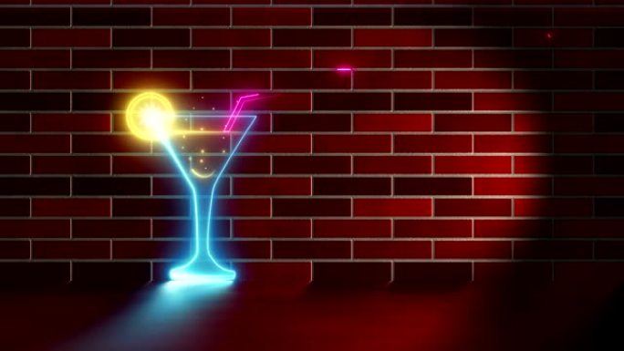 砖墙上的霓虹灯鸡尾酒饮料招牌。邀请模板庆典背景卡片视频动画。