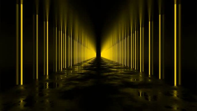 黄色隧道环路三维动画地面反射走马灯