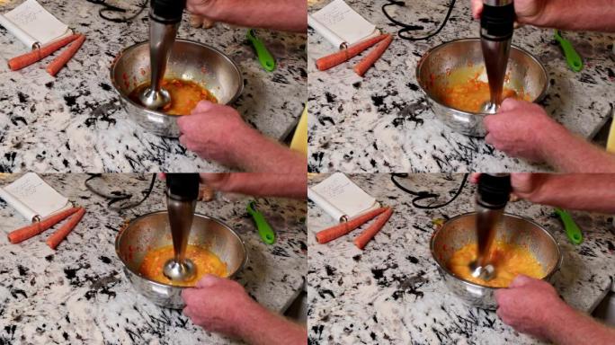 男性手用浸入式搅拌器混合沙拉酱配方