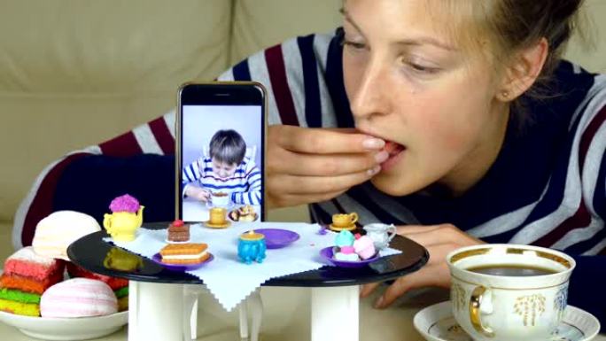 视频呼吁在娃娃桌上喝茶和交谈