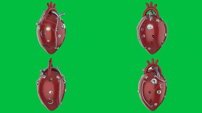 3d渲染红色机器人心脏隔离在绿色屏幕背景