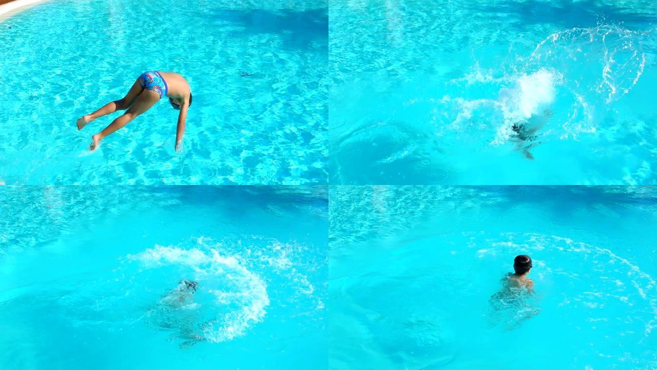 小男孩潜入蓝色的游泳池挥手