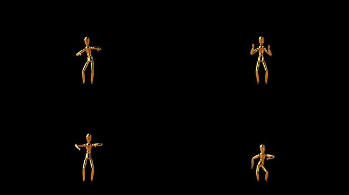 有趣的金色人体模型做鸡舞，无缝循环，阿尔法通道
