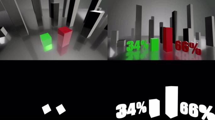 对比3D绿色和红色条形图，增长了34%和66%