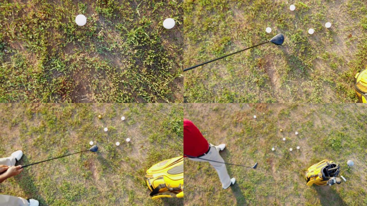 一个男性高尔夫球手击球的鸟瞰图