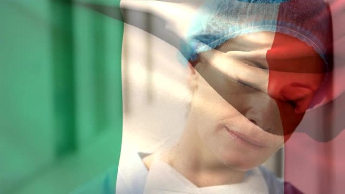 冠状病毒大流行期间背景为医护人员的意大利国旗动画