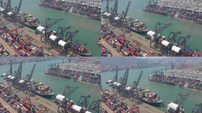 晴天香港城市港口集装箱码头空中俯冲全景4k