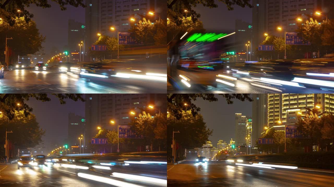 夜间照明青岛市市中心交通街延时全景4k中国