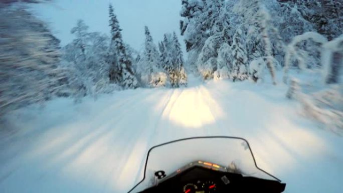 雪地摩托穿越拉普兰的冰冻雪林