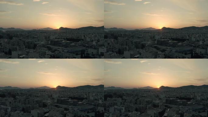 空中电影镜头-雅典-黄昏时在比雷埃夫斯市和港口上空飞行-皮雷亚斯