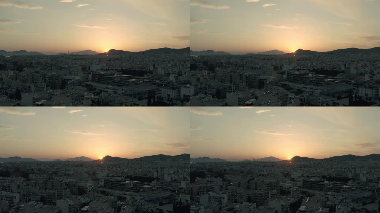空中电影镜头-雅典-黄昏时在比雷埃夫斯市和港口上空飞行-皮雷亚斯