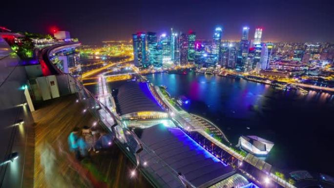 夜间照明新加坡著名酒店屋顶景观滨海湾全景4k延时