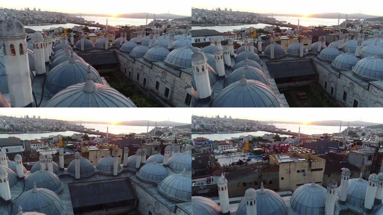 伊斯坦布尔苏莱曼清真寺日出时的Aeriel视图/4K (苏莱曼清真寺)