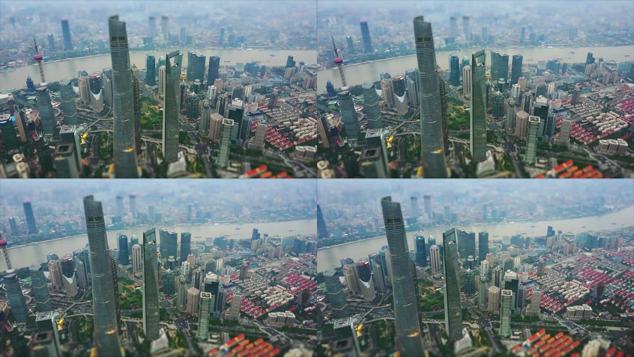 暮光之城上海城市景观浦东市中心空中全景4k倾斜移动中国