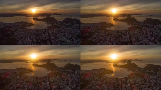 里约热内卢城市湾上空的日落天空飞行空中全景4k延时巴西