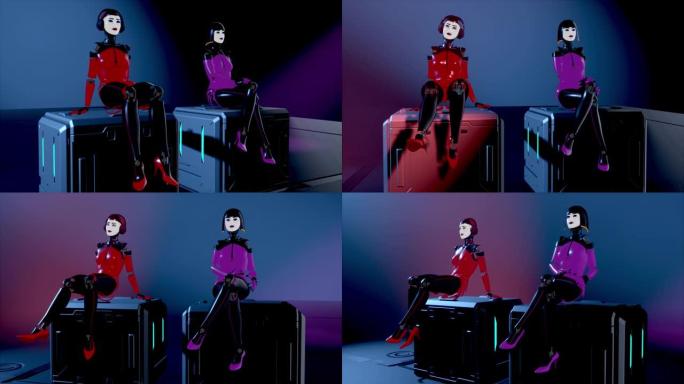 可爱的网络女孩安卓人工智能dj耳机在霓虹灯的t台上跳舞。