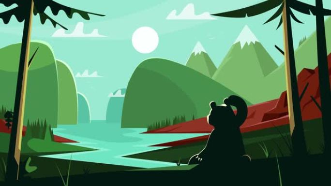 从森林深处俯瞰宁静的河谷。一只熊的剪影看着自然的夏日风景。