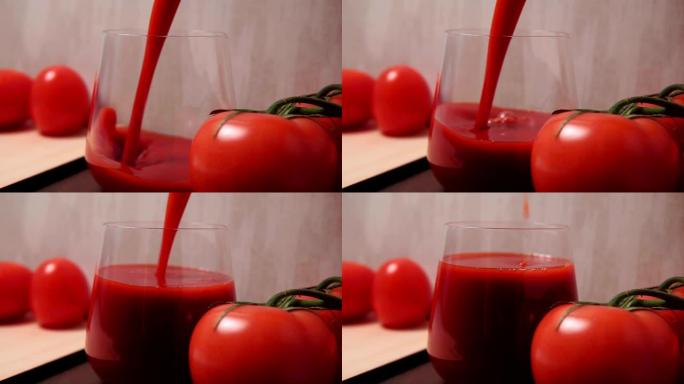 将番茄汁倒入玻璃烧杯中，以选择性聚焦