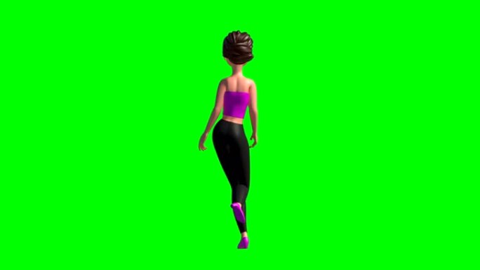 绿色屏幕上3D行走女人的后视图